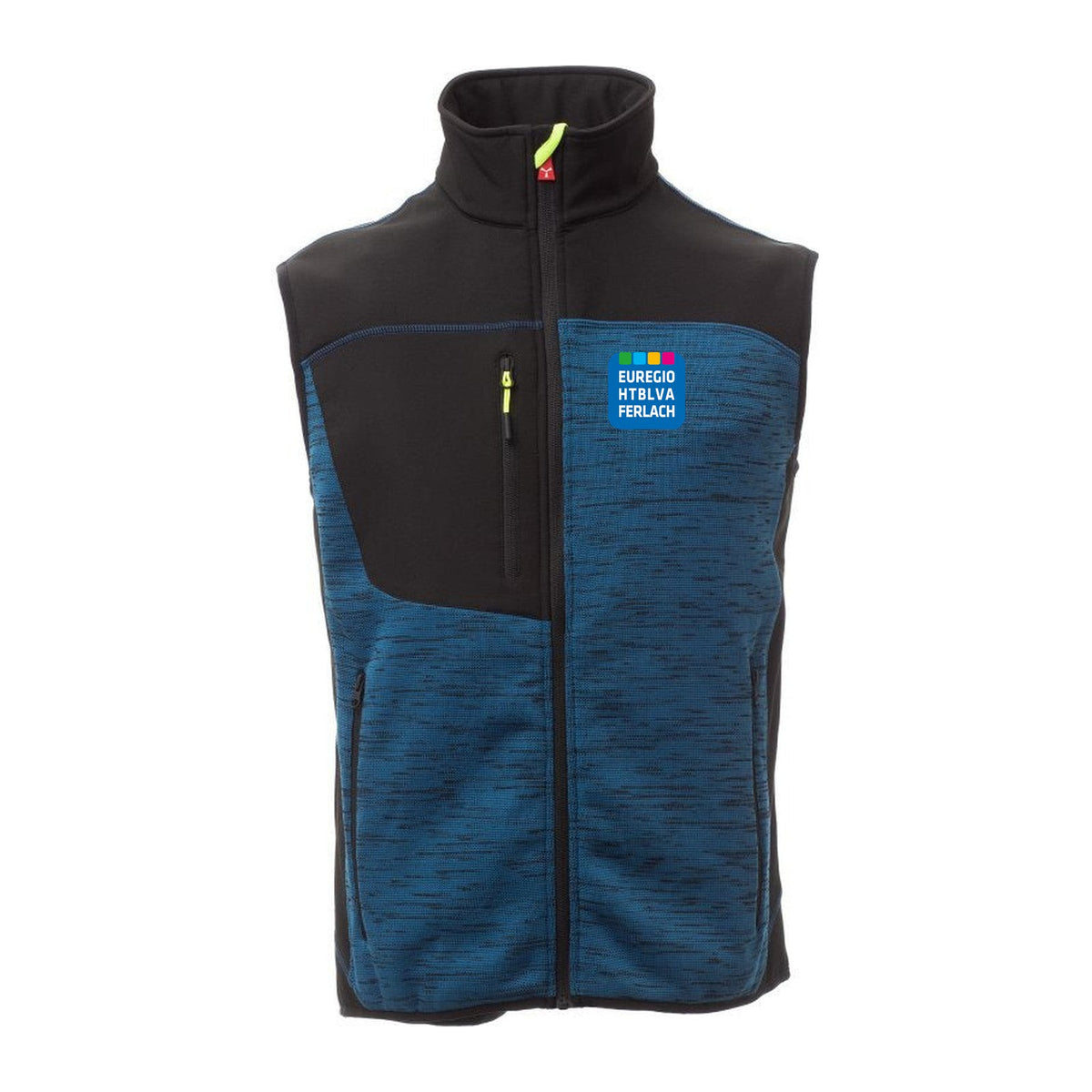Tour Softshell-Weste – Blau Meliert/Schwarz-Fluogelb